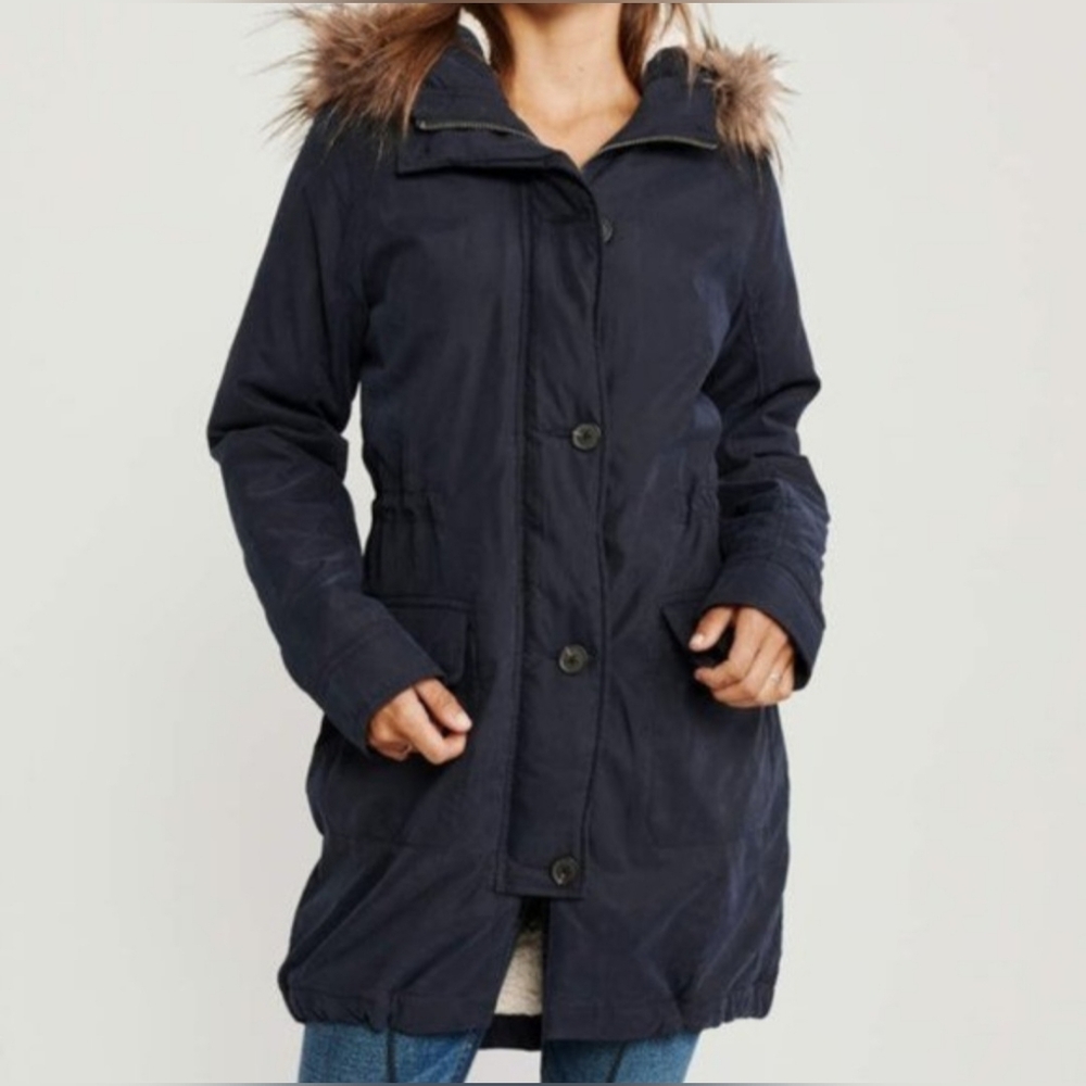 New Abercrombie & Fitch Sherpa Lined Military Parka Jacket Coat Size S Faux Fur